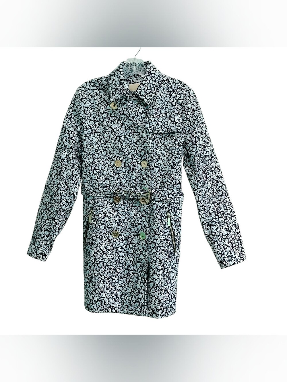 Michael Kors Womens M Floral Trench Coat Belted Double Breasted Navy Blue Cotton